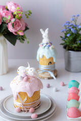 Easter cake kulich. Traditional Easter sweet bread decorated meringue.