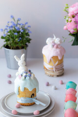 Easter cake kulich. Traditional Easter sweet bread decorated meringue.