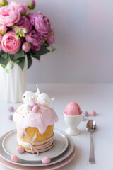 Easter cake kulich. Traditional Easter sweet bread decorated meringue. Place for text. Copy space. 
