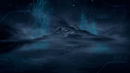 Futuristic fantasy night landscape with abstract landscape and island, moonlight, radiance, moon, neon. Dark natural scene with light reflection in water. Neon space galaxy portal. 3D illustration. 