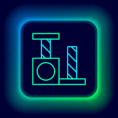 Glowing neon line Cat scratching post with toy icon isolated on black background. Colorful outline concept. Vector