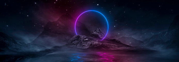Futuristic fantasy night landscape with abstract landscape and island, moonlight, radiance, moon, neon. Dark natural scene with light reflection in water. Neon space galaxy portal. 3D illustration.  © MiaStendal