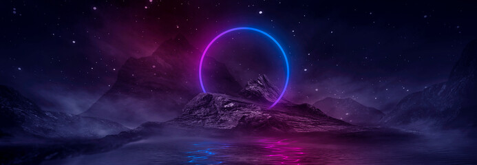 Fototapeta na wymiar Futuristic fantasy night landscape with abstract landscape and island, moonlight, radiance, moon, neon. Dark natural scene with light reflection in water. Neon space galaxy portal. 3D illustration. 