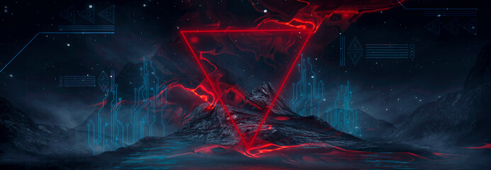 Futuristic fantasy night landscape with abstract landscape and island, moonlight, radiance, moon, neon. Dark natural scene with light reflection in water. Neon space galaxy portal. 3D illustration.  © MiaStendal