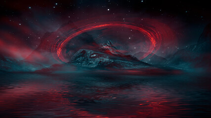 Futuristic fantasy night landscape with abstract landscape and island, moonlight, radiance, moon, neon. Dark natural scene with light reflection in water. Neon space galaxy portal. 3D illustration. 