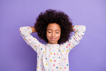 Top above high angle view photo of afro american little girl sleep dream isolated on purple color...
