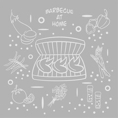 A set of chicken  and  vegetables for grill at home.  Barbecue at home during quarantine. Hand drawn vector illustration