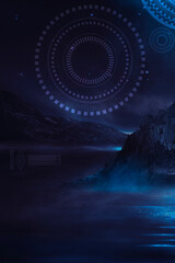 Futuristic fantasy night landscape with abstract landscape and island, moonlight, radiance, moon, neon. Dark natural scene with light reflection in water. Neon space galaxy portal. 3D illustration. 