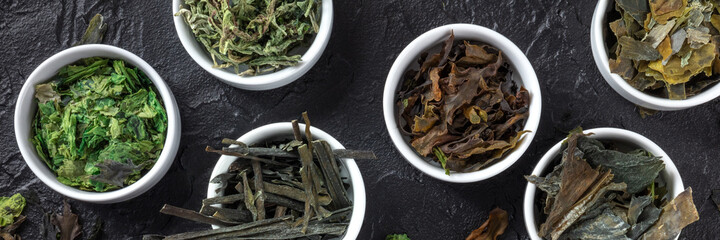 Sea vegetables overhead flat lay panorama