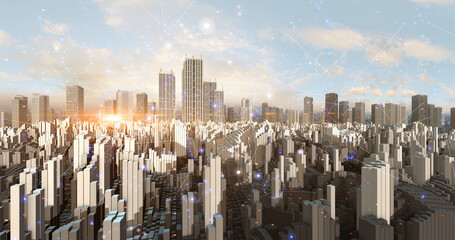 Futuristic Aerial Panoramic Skyline Of Smart Metropolitan 3D City. Technology And Business Related 3D Illustration Render