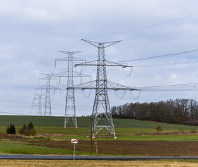 power lines on new built high voltage pylons