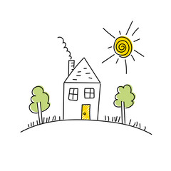 House, trees, sun, grass in hand drawn style. Vector illustration