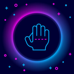 Obraz premium Glowing neon line Baseball glove icon isolated on black background. Colorful outline concept. Vector