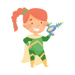 Little Redhead Girl Wearing Costume of Superhero Holding Water Pistol Pretending Having Power for Fighting Crime Vector Illustration