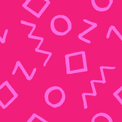 Seamless pattern with light pink geometric elements on pink background. Hand drawn vector design for textile, backgrounds, clothes, wrapping paper and wallpaper. Fashion illustration seamless pattern.
