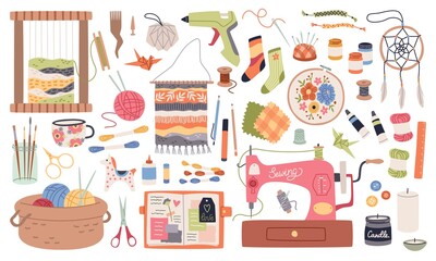 Handmade crafts. Creative accessories, consumables and tools, hobbies workshop items. Sewing machine and yarn, ceramic and origami. Embroidery, weaving and knitting. Vector cartoon set