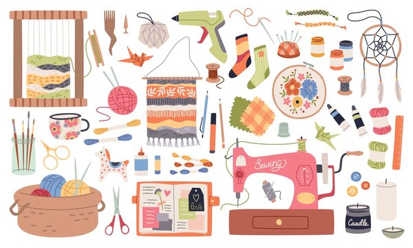 Handmade crafts. Creative accessories, consumables and tools, hobbies workshop items. Sewing machine and yarn, ceramic and origami. Embroidery, weaving and knitting. Vector cartoon set