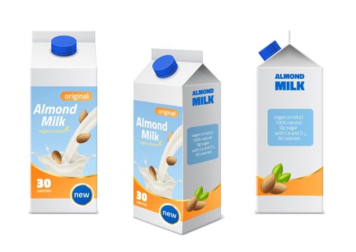 Milk packaging design. Realistic almonds drink boxes different angles view, natural vegan beverages, 3d pack with white splash, nuts and green leaves. Vector isolated on white set