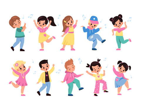 Kids dancing. Children characters dance and sing, little happy girls and boys listen melodies, young music lovers, notes in air. Leisure time in school vector cartoon isolated set