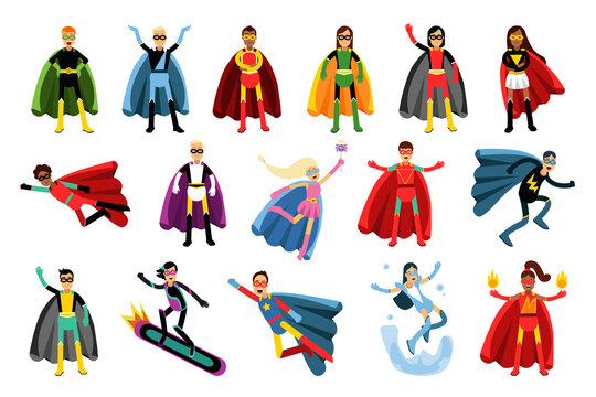 Man and Woman Characters in Superhero Costumes Standing and Waving Hand Vector Illustration Set