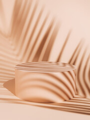 Luxury podium with palm leaves and shadows on pastel orange background. Concept scene stage...