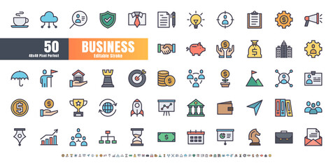 48x48 Pixel Perfect. Business and Financial. Flat Color Filled Outline Icons Vector. for Website, Application, Printing, Document, Poster Design, etc. Editable Stroke