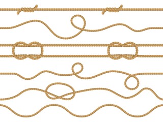 Seamless marine rope. Nautical knot pattern, straight cord marine twine realistic jute or hemp ropes ornament wallpaper, curve and straight lasso decorative borders vector 3d vintage set - obrazy, fototapety, plakaty