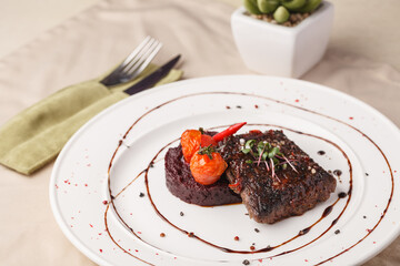 Delicious steak. Grilled meat. Meat and vegetables.Restaurant menu