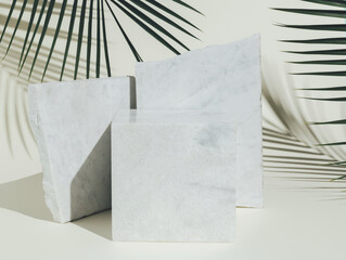 Luxury marble stone podium with palm leaves and shadows on beige background. Concept scene stage showcase for product, promotion, sale, banner, presentation, cosmetic. Minimal showcase empty mock up.