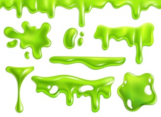 Slime green. Purulent blots slimy, goo splashes and mucus smudges. Bright toxic shiny liquid, spot of poison dribble silhouette. Realistic halloween isolated elements and frames vector 3d set