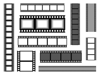 Film strip. Realistic cinema tape. Blank bands for recording video or shooting photographs and showing presentation slides. Various types set of seamless celluloid. Vector movie reel