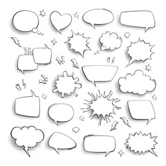 Naklejka premium Thought bubble. Comic cartoon empty talk and speech balloons or clouds for fun discussion message. Halftone dotted background, discussion banners in pop art style vector blank frames set