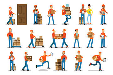 Man Courier and Freight Mover in Uniform Delivering Cardboard Boxes Vector Set