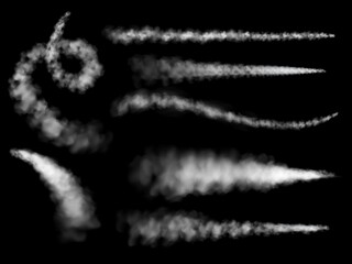 Trail smoke plane. White airplane trails takeoff jet. Missile, shuttle or spaceship contrails, falling comet or meteor transparent steam. Vapor condensation. Vector realistic isolated set