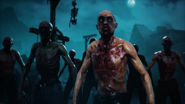 A group of scary zombies awaits their new victims in a creepy village. Animation for fantasy, creepy and fiction backgrounds. View of an zombies village.