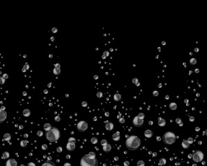 Water bubbles. Realistic raising air circles. Underwater effervescent oxygen template. Fizzing gas in liquid on black background. 3D flying soap foam spheres. Vector champagne or soda