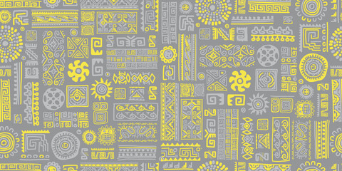 Ethnic handmade ornament, seamless pattern. Trend Pantone color 2021 - yellow and grey