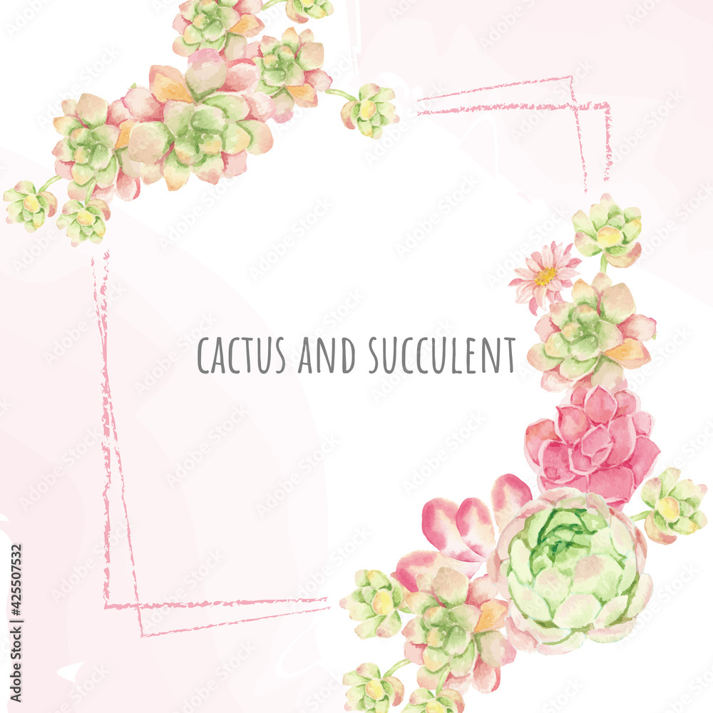 Wall mural watercolor cactus and succulent square banner or invitation card background