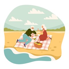Old people romantic picnic. Elderly man and woman having meal on sea side, couple on beach and drinking wine, characters leisure time, pensioner relationships vector cartoon concept