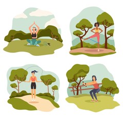 Outdoor sports. Athletic slim female character in sport uniform doing exercises, yoga and pilates in nature, young woman fitness and gymnastics in summer park landscape vector cartoon set