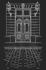 hand drawn vector sketch of an old wooden door with porch