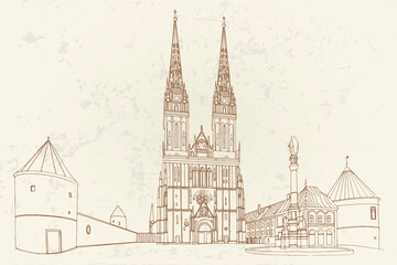 Vector sketch of Cathedral in Zagreb, Croatia