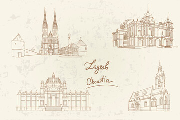 vector sketch of landmarks of Zagreb, Croatia. Retro style.