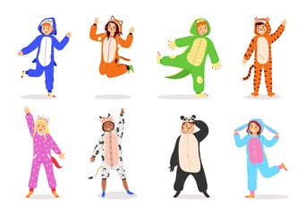Kids animal dress. Cartoon children wear costumes. Funny carnival clothes with animalistic prints or sleepwear for pajama party. Smiling boys and girls greeting waving hands, vector set