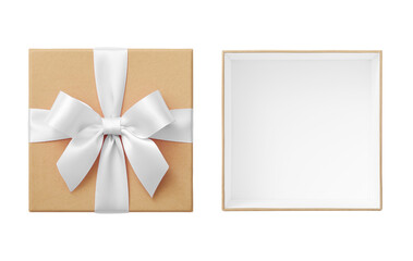 Open kraft gift box with lid and white bow cut out on white background, wedding present top view