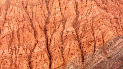 Close up of the badlands in the Purmamarca valley (Quebrada de Purmamarca) in northwest Argentina