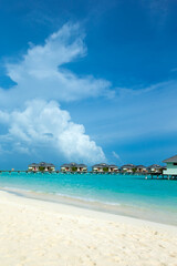 Beautiful tropical Maldives island with beach. Sea with water bungalows