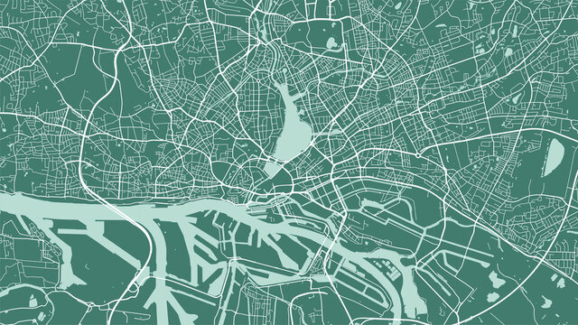 Green vector background map, Hamburg city area streets and water cartography illustration.