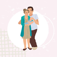 Family portrait. Asian nationality, father and mother hug the child, son on arms. Concept card holiday of a family day. Vector cartoon flat illustration