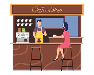 Coffee shop vector concept. Small business and self-employment concept, Barista makes coffee. Drinking coffee and talking. Illustration of Coffee shop owner, People in cozy cafe. Vector in flat style